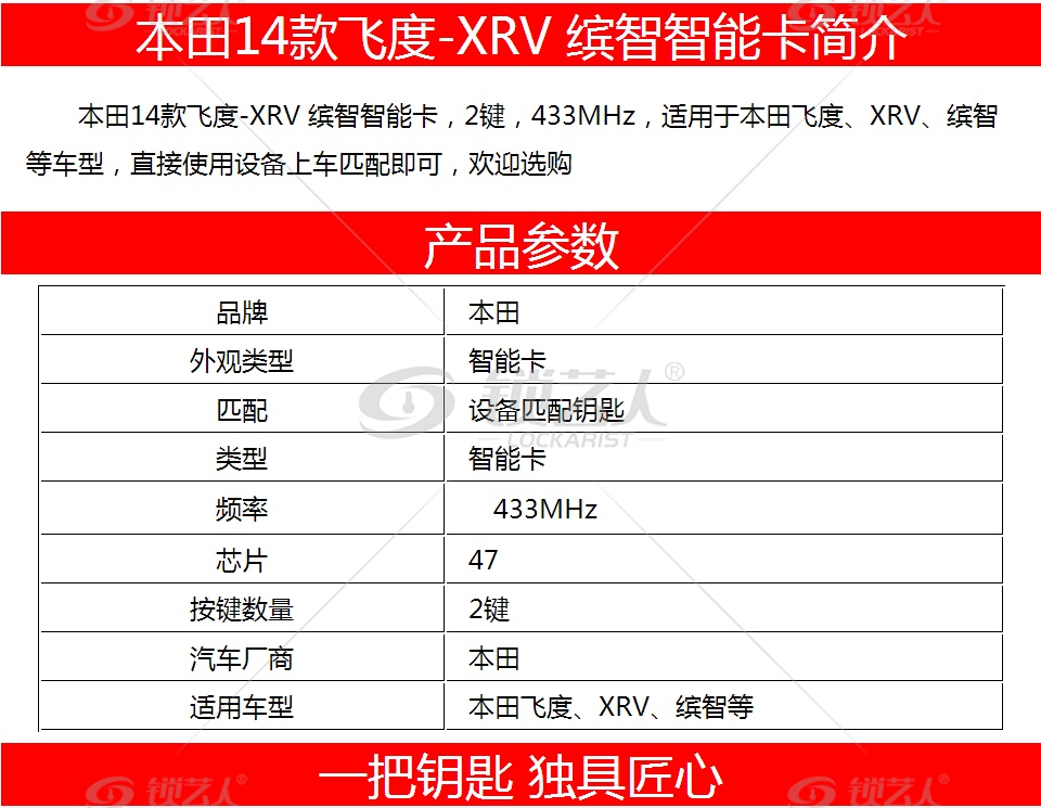 本田14款飞度-XRV 缤智智能卡-2键-433MHz-47芯片